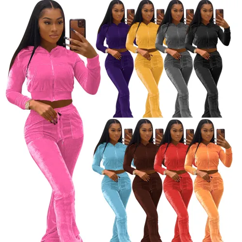 YD8527-C5C3   Solid color gold velvet hooded top and wide leg pants two-piece set