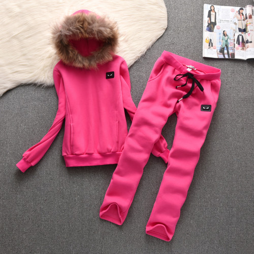 8933 Plush Thick Casual Set with Hooded and Hairy Collar Detachable Hoodie Two Piece Set