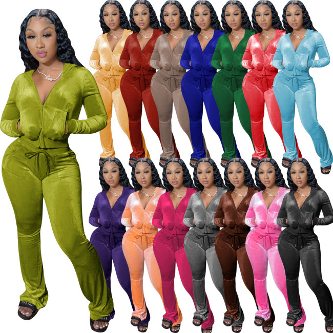 YD8527-C5C3   Solid color gold velvet hooded top and wide leg pants two-piece set