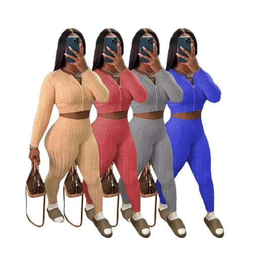 XT8213 Fashion Solid Color Sweater Knitted Pants Set Two Piece Set