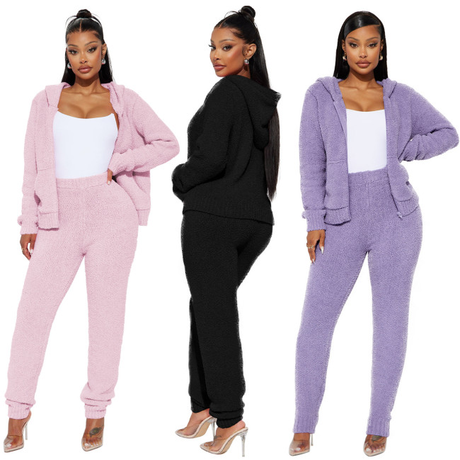 YD8788-H5 hooded rice grain velvet two-piece set