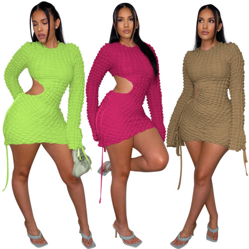 YD8673-I1   Fashionable drawstring elastic bubble grid sexy hollow out dress