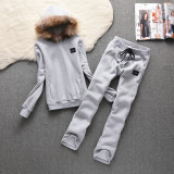 8933 Plush Thick Casual Set with Hooded and Hairy Collar Detachable Hoodie Two Piece Set