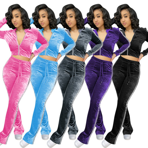 YD8656-A8 solid color gold border velvet casual wide leg pants two-piece set