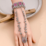 Bohemian tassel pearl round ring with diamond inlaid chain for women