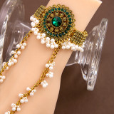 Bohemian tassel pearl round ring with diamond inlaid chain for women