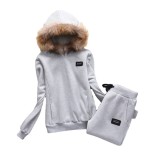 8933 Plush Thick Casual Set with Hooded and Hairy Collar Detachable Hoodie Two Piece Set