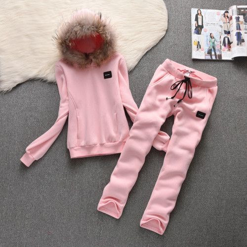 8933 Plush Thick Casual Set with Hooded and Hairy Collar Detachable Hoodie Two Piece Set