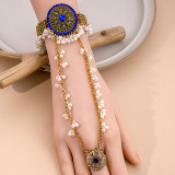 Bohemian tassel pearl round ring with diamond inlaid chain for women