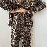Leopard print imitation silk pajamas long sleeved pants