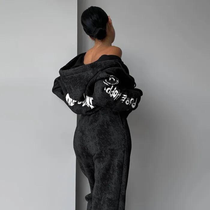 Hooded Zipper Hoodie Letter Printed Two Piece Set