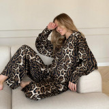 Leopard print imitation silk pajamas long sleeved pants