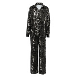 Leopard print imitation silk pajamas long sleeved pants