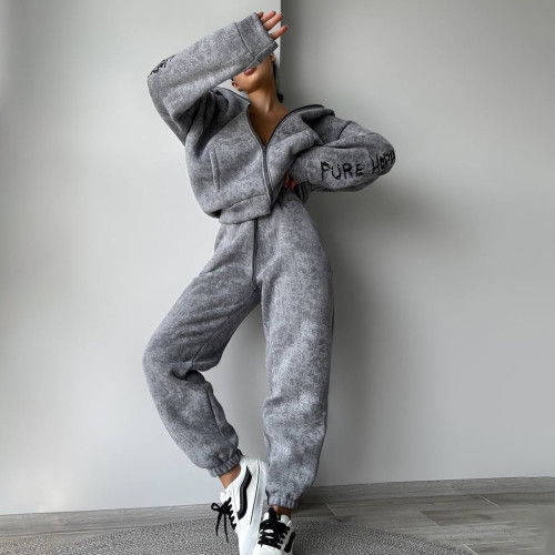 Hooded Zipper Hoodie Letter Printed Two Piece Set