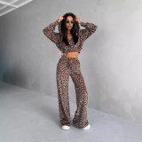 Short leopard print zipper hooded sweatshirt straight leg casual pants two-piece set