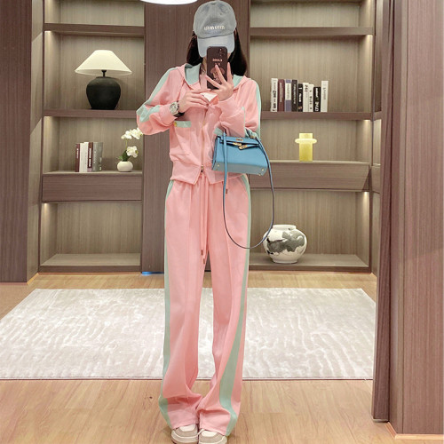 Pink sports and leisure suit hooded sweatshirt two-piece set