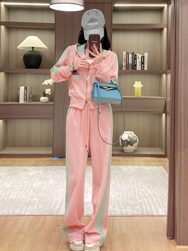 Pink sports and leisure suit hooded sweatshirt two-piece set