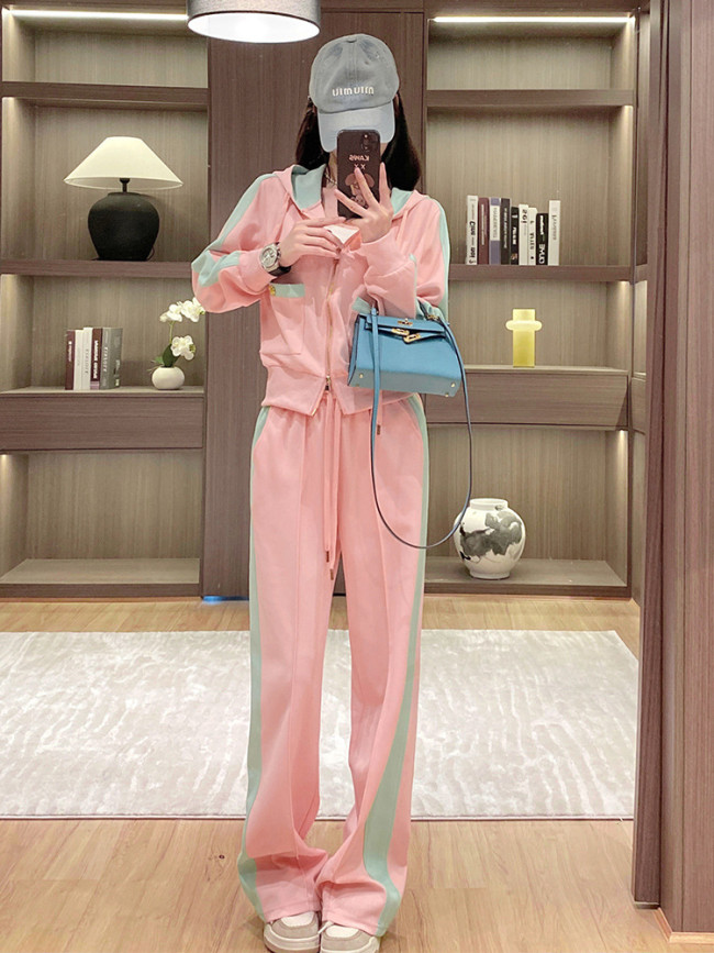 Pink sports and leisure suit hooded sweatshirt two-piece set