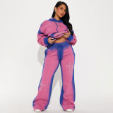 Color blocked hooded rhinestone sweatshirt set for women, two-piece set