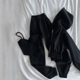 Small vest, hooded jacket, ankle tied pants, three piece set for women