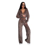 Short leopard print zipper hooded sweatshirt straight leg casual pants two-piece set