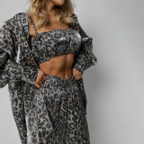 Leopard print long sleeved shirt wide leg pants two-piece set with lazy style
