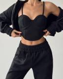 Small vest, hooded jacket, ankle tied pants, three piece set for women