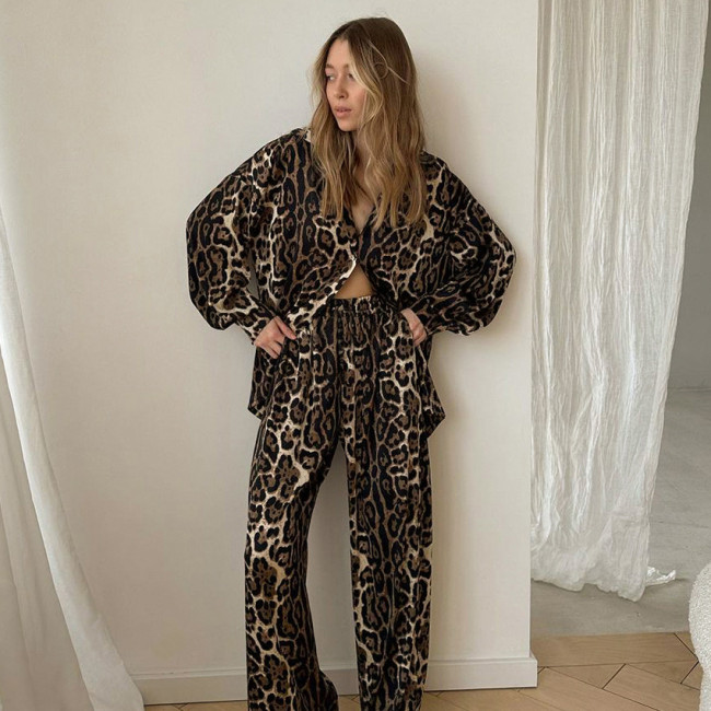 Leopard print imitation silk pajamas long sleeved pants