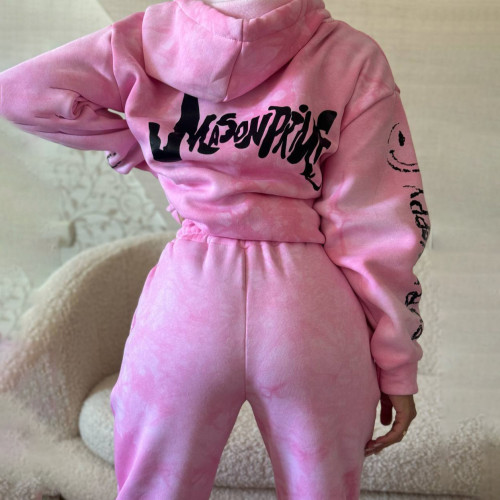 Hooded Zipper Hoodie Letter Printed Two Piece Set