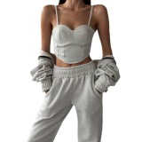 Small vest, hooded jacket, ankle tied pants, three piece set for women