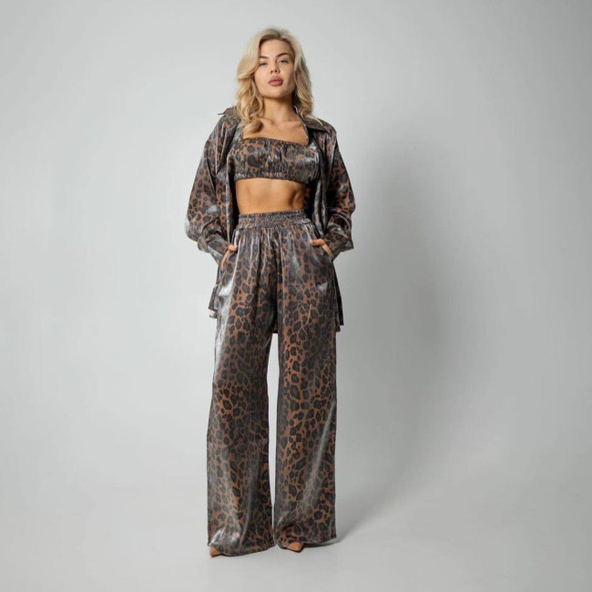 Leopard print long sleeved shirt wide leg pants two-piece set with lazy style