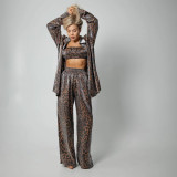 Leopard print long sleeved shirt wide leg pants two-piece set with lazy style