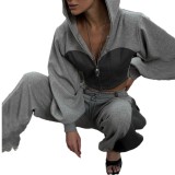 Color blocked patchwork hooded sweatshirt set
