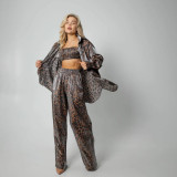 Leopard print long sleeved shirt wide leg pants two-piece set with lazy style