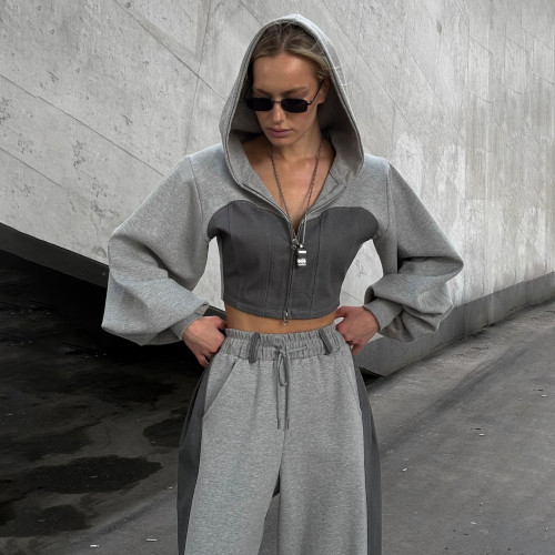 Color blocked patchwork hooded sweatshirt set