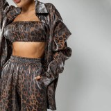 Leopard print long sleeved shirt wide leg pants two-piece set with lazy style