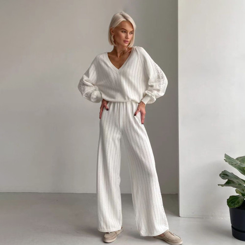 Hollow out loose casual two-piece set with long sleeves and long pants for women