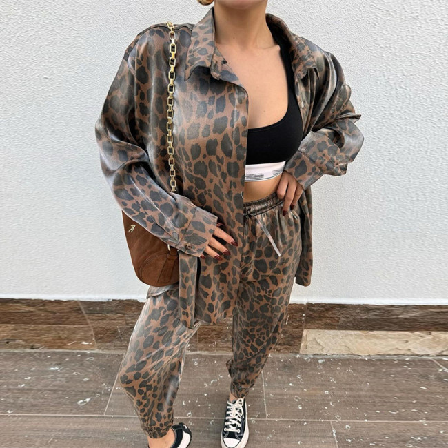 Leopard print shirt high waisted leg cinching cropped pants two-piece set