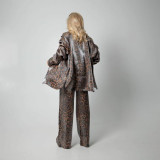 Leopard print long sleeved shirt wide leg pants two-piece set with lazy style