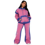 Color blocked hooded rhinestone sweatshirt set for women, two-piece set