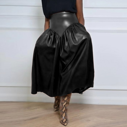 DZ890 plus size women's PU leather half body patchwork with pocket long skirt