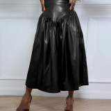 DZ890 plus size women's PU leather half body patchwork with pocket long skirt