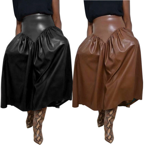 DZ890 plus size women's PU leather half body patchwork with pocket long skirt
