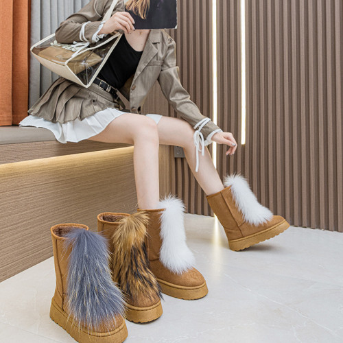 Thick soled high-heeled warm and plush midsole snow  boots Fox fur