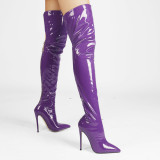 Women's boots sexy high cut back zipper with thin heel and patent leather pointed toe