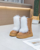 Thick soled high-heeled warm and plush midsole snow  boots Fox fur