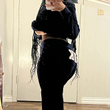 Velvet hoodie set with blue letters for women