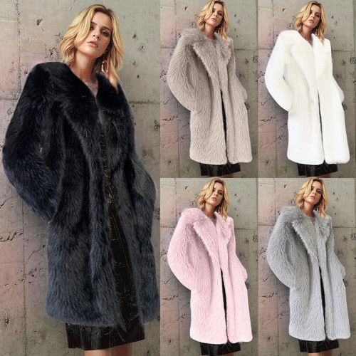 Women's long imitation fur suit collar coat, synthetic fur coat