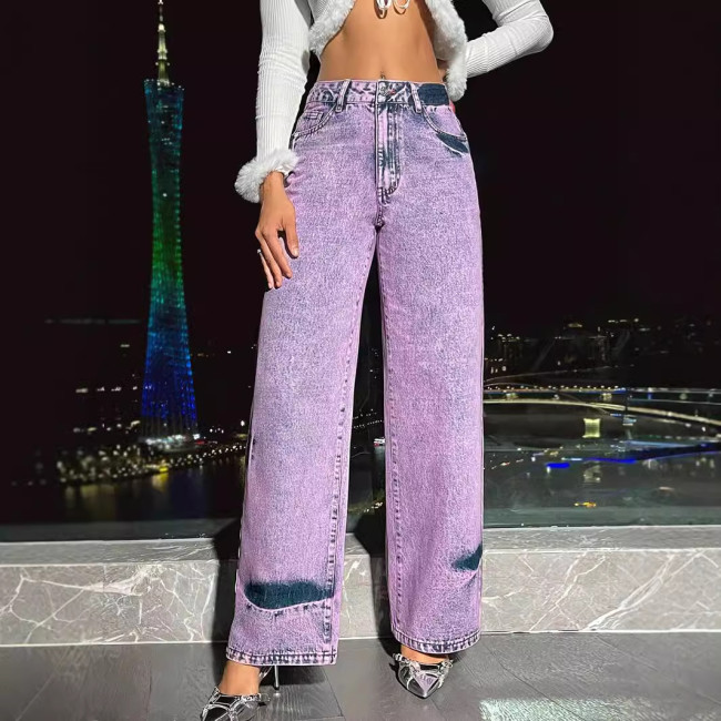 15251 fashionable retro casual high waist wide leg straight leg denim pants