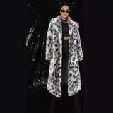 Leopard print women's coat medium long suit collar imitation fox fur grass coat